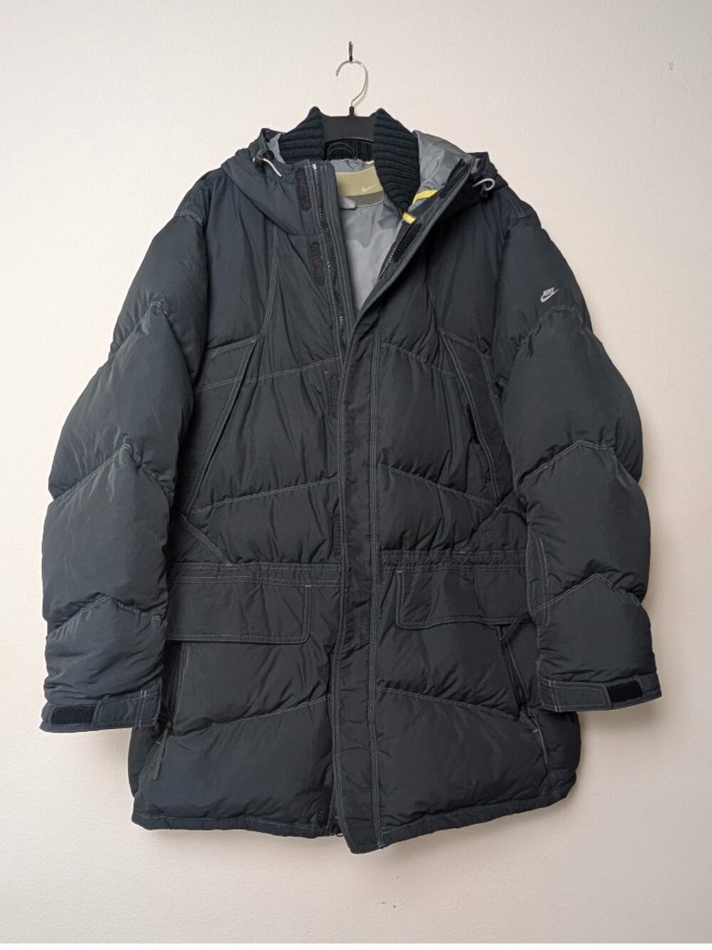 NIKE Mens XXL Grey Duck 72% Down Puffer Parka Hooded Jacket Y2K